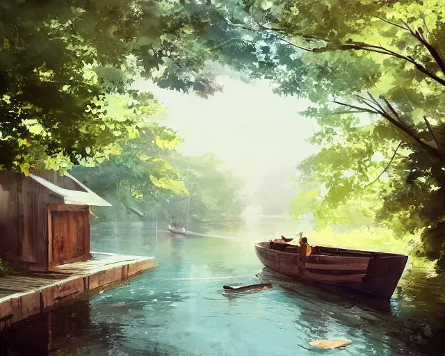 Image similar to a wooden boat in a very narrow river, trees, shady, ripples, reflections. A boy and girl are sitting in the boat. By Makoto Shinkai, Stanley Artgerm Lau, WLOP, Rossdraws, James Jean, Andrei Riabovitchev, Marc Simonetti, krenz cushart, Sakimichan, trending on ArtStation, digital art.