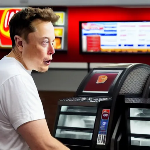 Image similar to elon musk working at burger king, elon musk working the register at a fast food restaurant