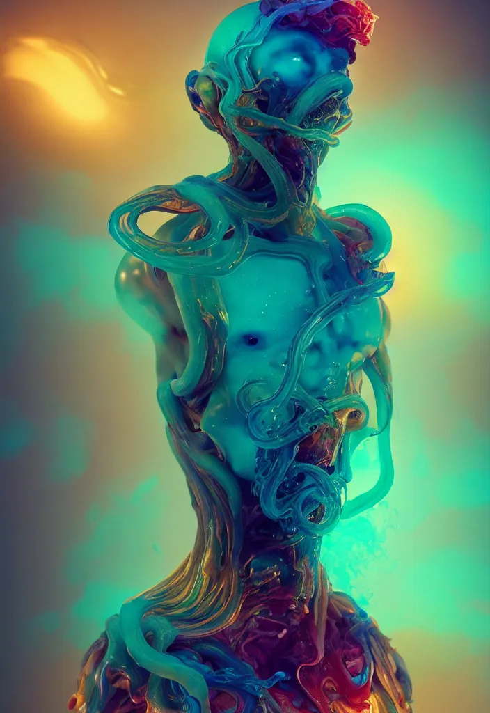 Image similar to subsurface scattering, poseidon made of soft wax, cgsociety, translucent, organic squid and ceramic art nouveau swirls, golden orbs, colored smoke, in the style of alberto seveso and ruan jia and beeple and giger, mystical colors, back light, rim light, dramatic lighting, 8 k, stunning scene, raytracing, octane render