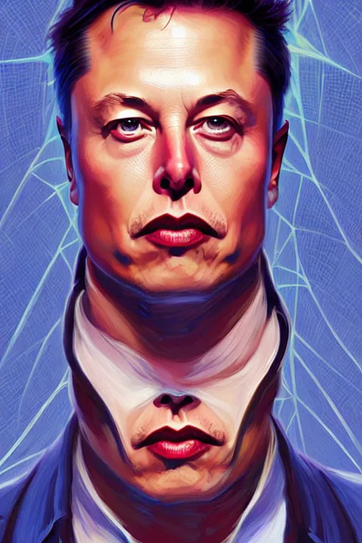 Image similar to elon musk as a blue suit spider man, realistic portrait, symmetrical, highly detailed, digital painting, artstation, concept art, smooth, sharp focus, illustration, cinematic lighting, art by artgerm and greg rutkowski and alphonse mucha