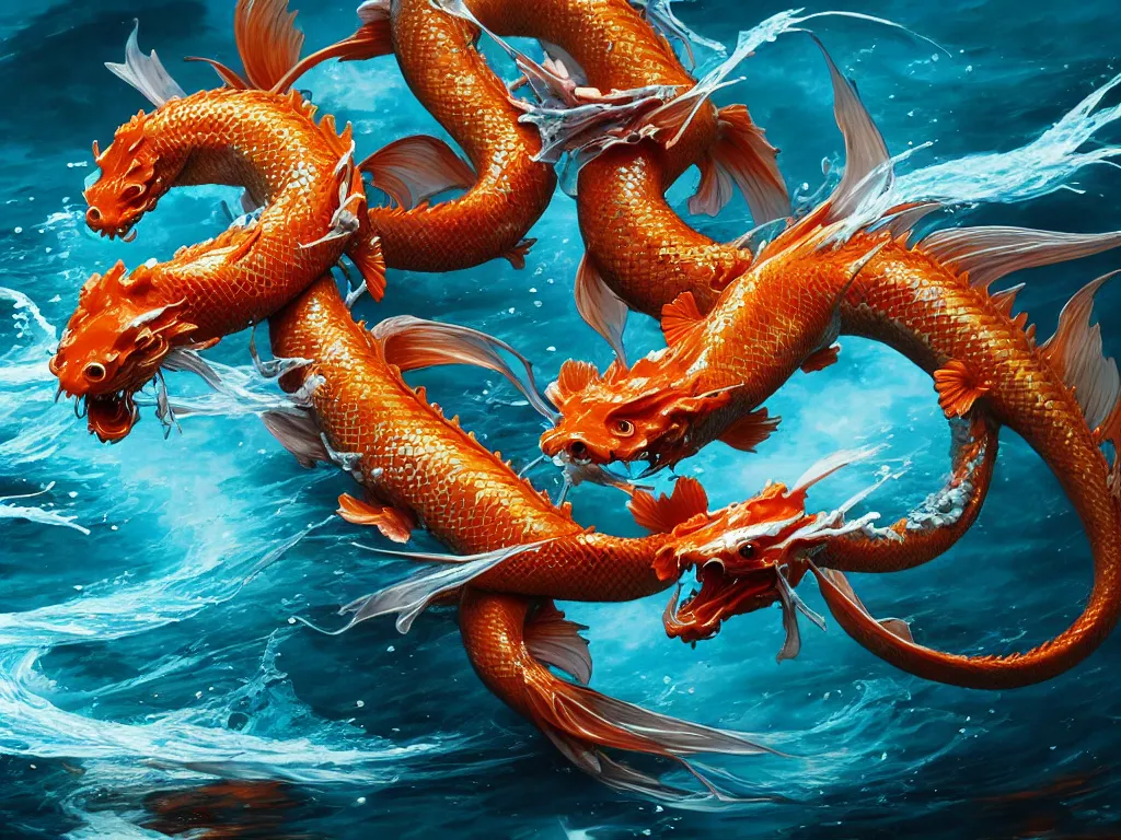 Image similar to intertwined koi dragon fish, water torrent background, jesper ejsing, james jean, justin gerard, tomasz alen kopera, cgsociety, fenghua zhong, makoto shinkai, octane render, highly detailed, rim light, cinematic lighting, hyper realism, high detail, intricate, 4 k, masterpiece