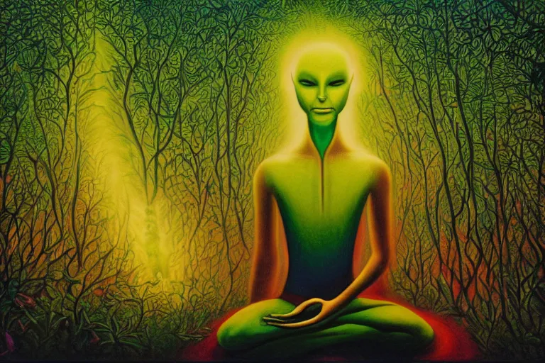 Image similar to painting of a tranquil alien made of light and glows meditating in dense forest by alex grey, acrylic art, ethereal, soothing, somber, elegant, warm light, cozy