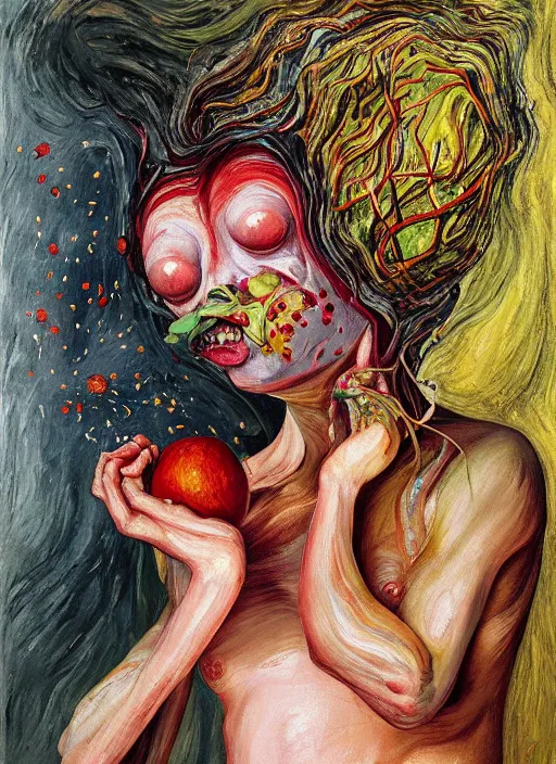 Image similar to Oil painting - She Eats of the Strangling Fruit and Her gossamer polyp blossoms bring iridescent fungal flowers whose spores black the foolish stars by Lucian Freud and Jenny Saville, Abstract brush strokes, Masterpiece, Edward Hopper and James Gilleard, Zdzislaw Beksinski, Mark Ryden, Wolfgang Lettl highly detailed, hints of Yayoi Kasuma