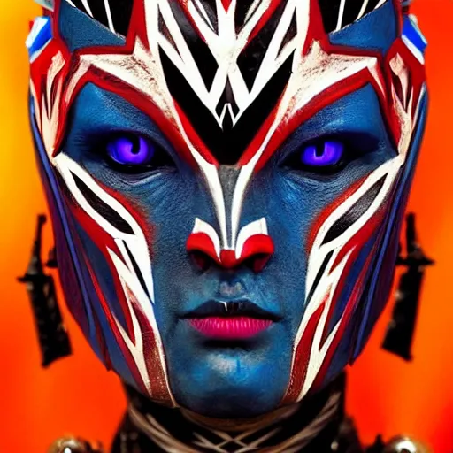 Image similar to symmetry!! a female transformer with tribal paint, cruel eyes!! very symmetrical face, highly detailed, by vitaly bulgarov, by steven zavala, by matt tkocz, by shane baxley, transformers cinematic universe, pinterest, deviantart artstation _ h 7 5 0