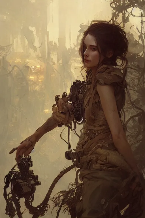 Image similar to A full portrait of a beautiful post apocalyptic snake handler, intricate, elegant, highly detailed, digital painting, artstation, concept art, smooth, sharp focus, illustration, art by Krenz Cushart and Artem Demura and alphonse mucha