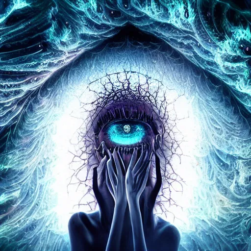 Prompt: transcendent eldritch being, glowing tears, beautiful laughter, cosmic imagery, intense emotion, emotional concept art, photography hyperrealism, detailed eyes, glitch! art, fractal