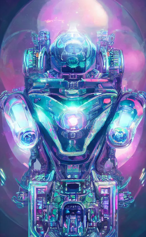 Prompt: upper half portrait of retro futuristic mech robot - embellished with vegetation and iridescent crystals, art by stanley artgem lau, highly detailed, digital painting, concept art, illustration, smooth sharp focus, intricate, symmetry, artstation, colourful,