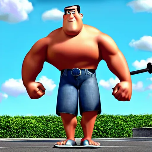 Prompt: A big strong man working out. Pixar character.