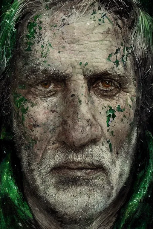 Prompt: portrait of hairy old man with aquarelle painted skin. close up. very dark black hair, green eyes. intricate dark flowers pattern in face and background, high detail, by greg rutkowski