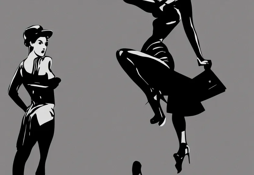 Image similar to painting of the figure of a pin up girl posing, high contrast, poster, clothes in the fashion of 6 0's, concept art, black and white, dramatic lighting, digital art, 8 k, drawn by arnold armitage