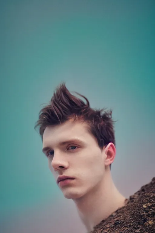 Image similar to high quality pastel coloured film mid angle docu photograph of a beautiful young 2 0 year old male, soft features, short black hair, falling, jumping in an icelandic black rock pool environment. atmospheric. three point light. photographic. art directed. ( pastel colours ). volumetric light. clearcoat. waves glitch. 8 k. filmic.