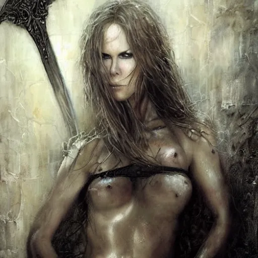 Prompt: nicole kidman chained to a wall in a dungeon, beautiful painting by raymond swanland and magali villanueve, by luis royo, beautiful detailed body and face