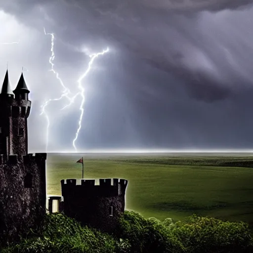 Image similar to dark stormy castle, thunder and lightning, atmospheric