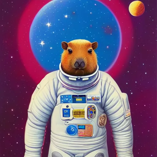 Image similar to beautiful detailed and adorable portrait of a capybara astronaut in a spacesuit by casey weldon by mark ryden by thomas blackshear, super cute, new contemporary, pop surrealism, oil painting