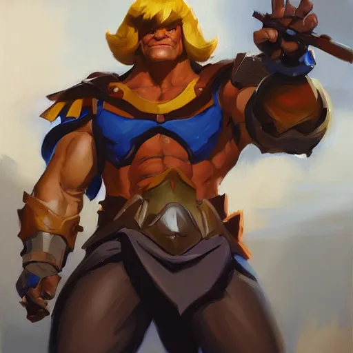 Image similar to greg manchess portrait painting of astonishing he - man the master of the universe as overwatch character, medium shot, asymmetrical, profile picture, organic painting, sunny day, matte painting, bold shapes, hard edges, street art, trending on artstation, by huang guangjian, gil elvgren, ruan jia, greg rutkowski, gaston bussiere