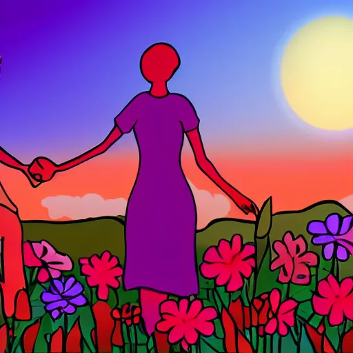 Image similar to a young couple holding hands in a field of flowers at sunset, cartoon