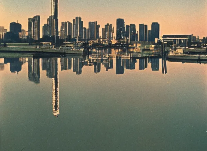 Image similar to retro color photo of a city skyline in the 8 0's. reflections in the water. boats and plain. gradient sky