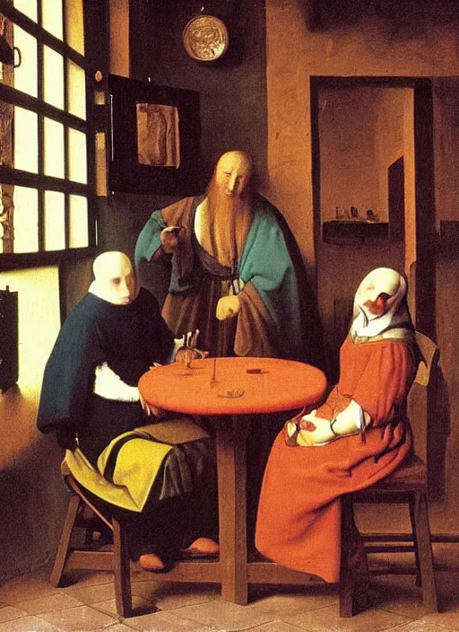 Prompt: Young man sitting at the table with young pretty blonde girl at the crowded inn. Medieval painting by Jan van Eyck, Johannes Vermeer, Florence