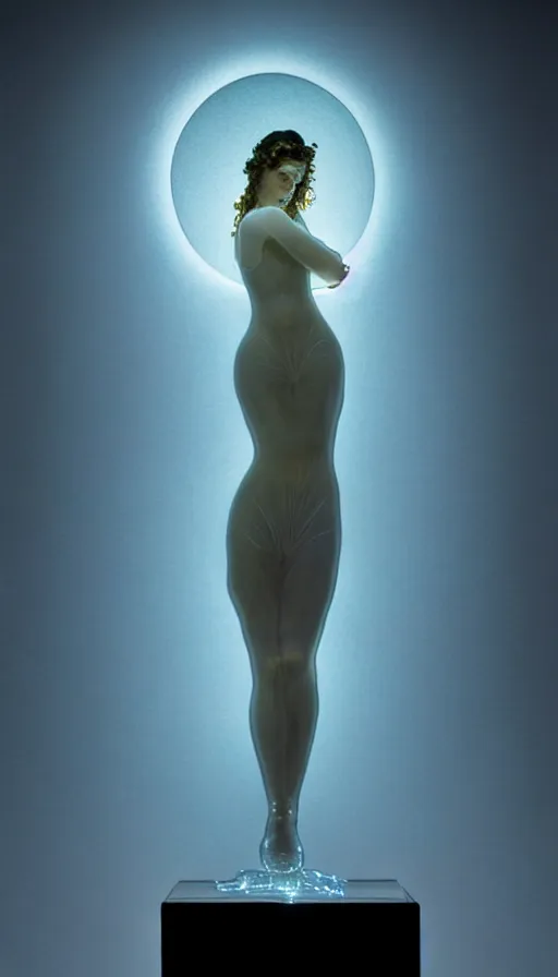 Prompt: transparent glass woman, statue made of glass, moonlight, backlit, diffuse lighting, fantasy, intricate, elegant, highly detailed, lifelike, photorealistic, digital painting, artstation, illustration, concept art, smooth, sharp focus, art by john collier and albert aublet and krenz cushart and artem demura and alphonse mucha