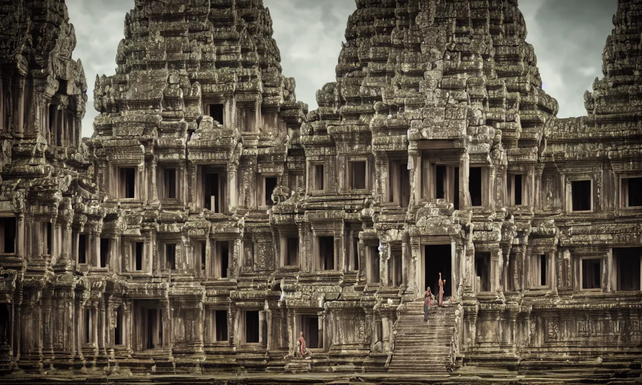 Image similar to by nadezda and david stoupakis, visually stunning, cinematic, ultra realistic, hyper realism, 1 2 k, epic, octane render, unreal engine, vfx, maya, xenomorph - temple angkor wat