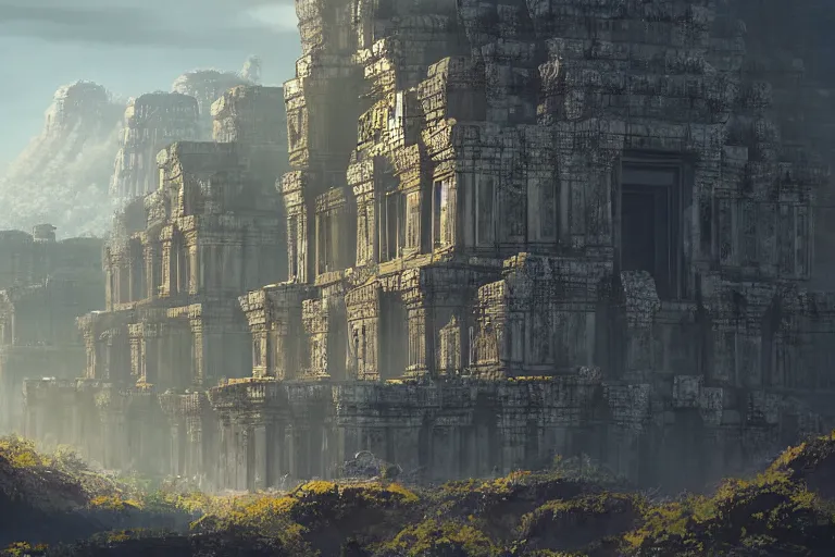 Image similar to brutalist futuristic angkor - styled structures in a primordial valley by jessica rossier