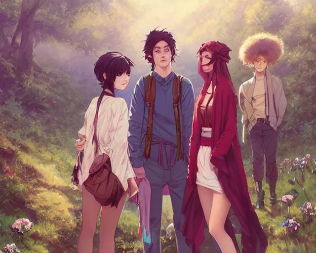 Prompt: a cinematic boy girl traditional romance moment of a group of university friends dressed as different animals hiking wearing boho clothing and peonies, full body illustration,bestselling movie art poster, official media, 1970s fashion, official anime media, incredible art by artgerm and greg rutkowski and doja cat