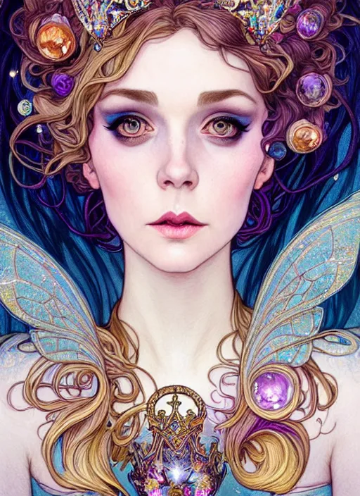 Prompt: fantastic portrait of a beautiftul witch with some shinny star, crown, royally decorated crystal gemstones, symmetrical face, art nouveau, portrait, cute, fairy, by artgerm, kelly mckernan, charlie bowater, alphonse mucha, detailed background, artstation, intricate, elegant, highly detailed, colorful, maximalist