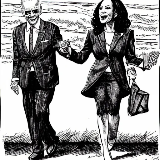 Image similar to The Artwork of R. Crumb and his Cheap Suit - Joe Biden and Kamala Harris, pencil and colored marker artwork, trailer-trash lifestyle