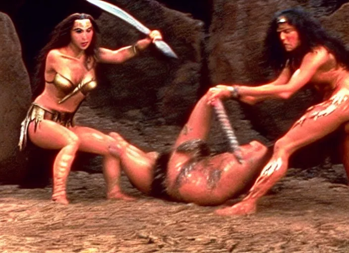 Image similar to gal gadot as conan the barbarian oil wrestling with a cavewoman, movie still photograph taken by richard kern, from the movieclan of the cave bear, 8 k, realistic