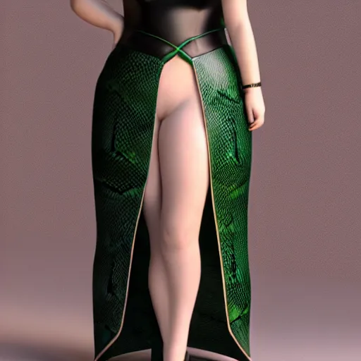 Image similar to curvy feminine hot goth cutie with sublime modest elegant patterned green-black snakeskin leather neck-high gown, cgsociety, photorealistic, comfy ambience, idealistic, 16k, smooth, sharp focus, trending on ArtStation, volumetric lighting, fully clothed, worksafe