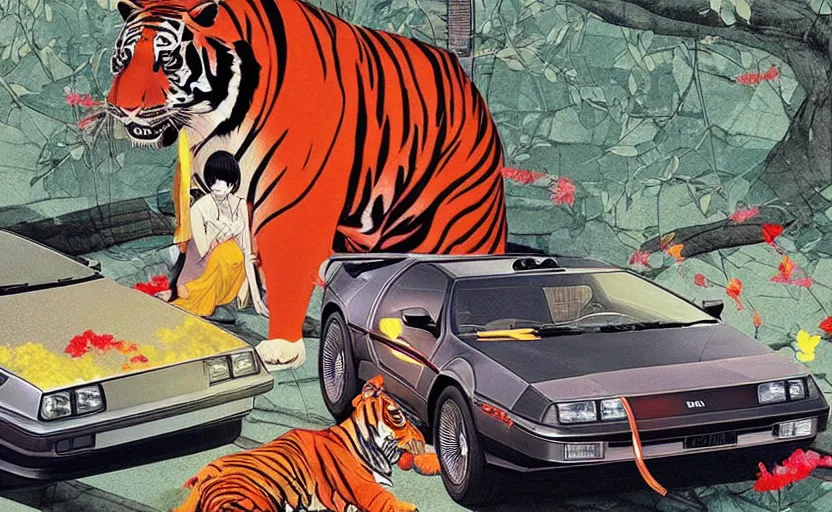 Prompt: a red delorean with a yellow tiger, art by hsiao - ron cheng and utagawa kunisada in a magazine collage, # de 9 5 f 0