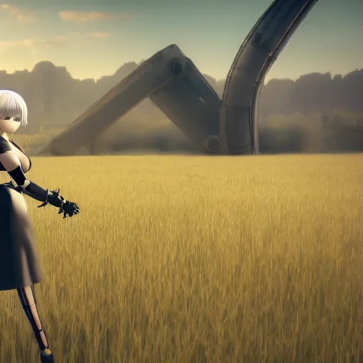 Image similar to 2B nier automata in a field, 4k, detailed face, blender render