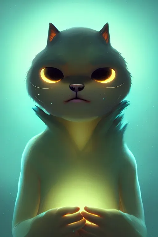 Image similar to Bioluminescent Cat character concept, soft light, soft mood, realistic body features and face, illustration, painting oil on canvas by Elena Zhurikhina and Goro Fujita and Charlie Bowater, octane render trending on artstation, 4k, 8k, HD