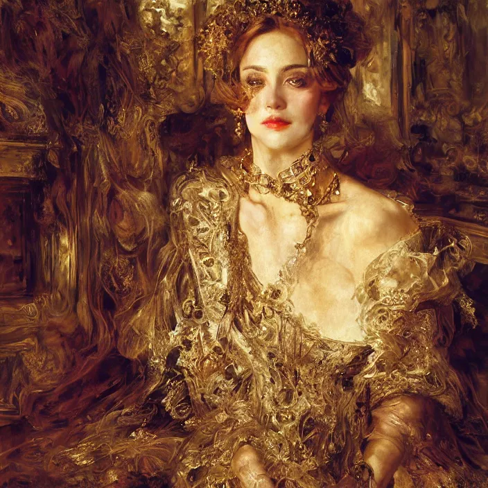 Image similar to longing look of a woman at sunrise, portrait, highly detailed, backlit, bourgeoise, extremely opulent, ornate art, pompous, ornamental, richly detailed, digital art by wlop, adolph menzel, carvaggio