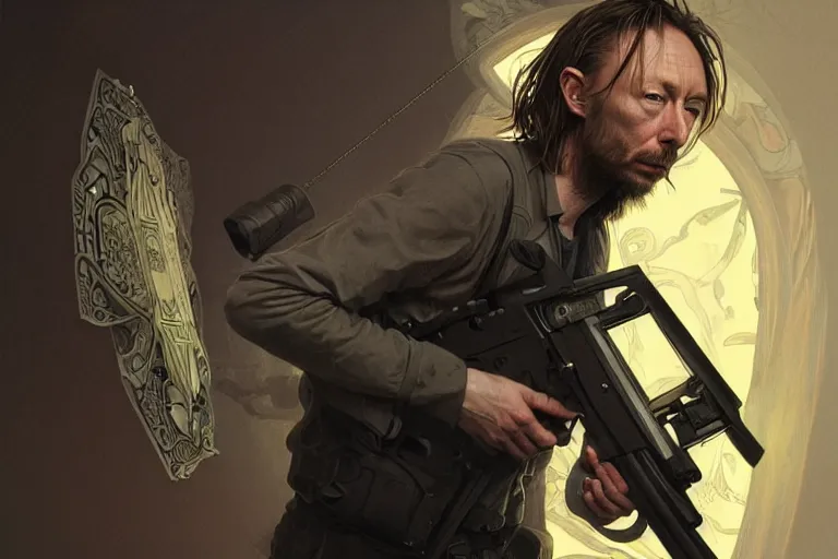 Prompt: photography of thom yorke with an ak 4 7, deep focus, d & d, intricate, elegant, highly detailed, digital painting, artstation, concept art, matte, sharp focus, illustration, hearthstone, art by artgerm and greg rutkowski and alphonse mucha