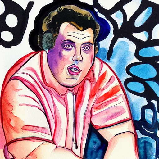 Image similar to jonah hill, stylized. Watercolor and ink. 1980s.