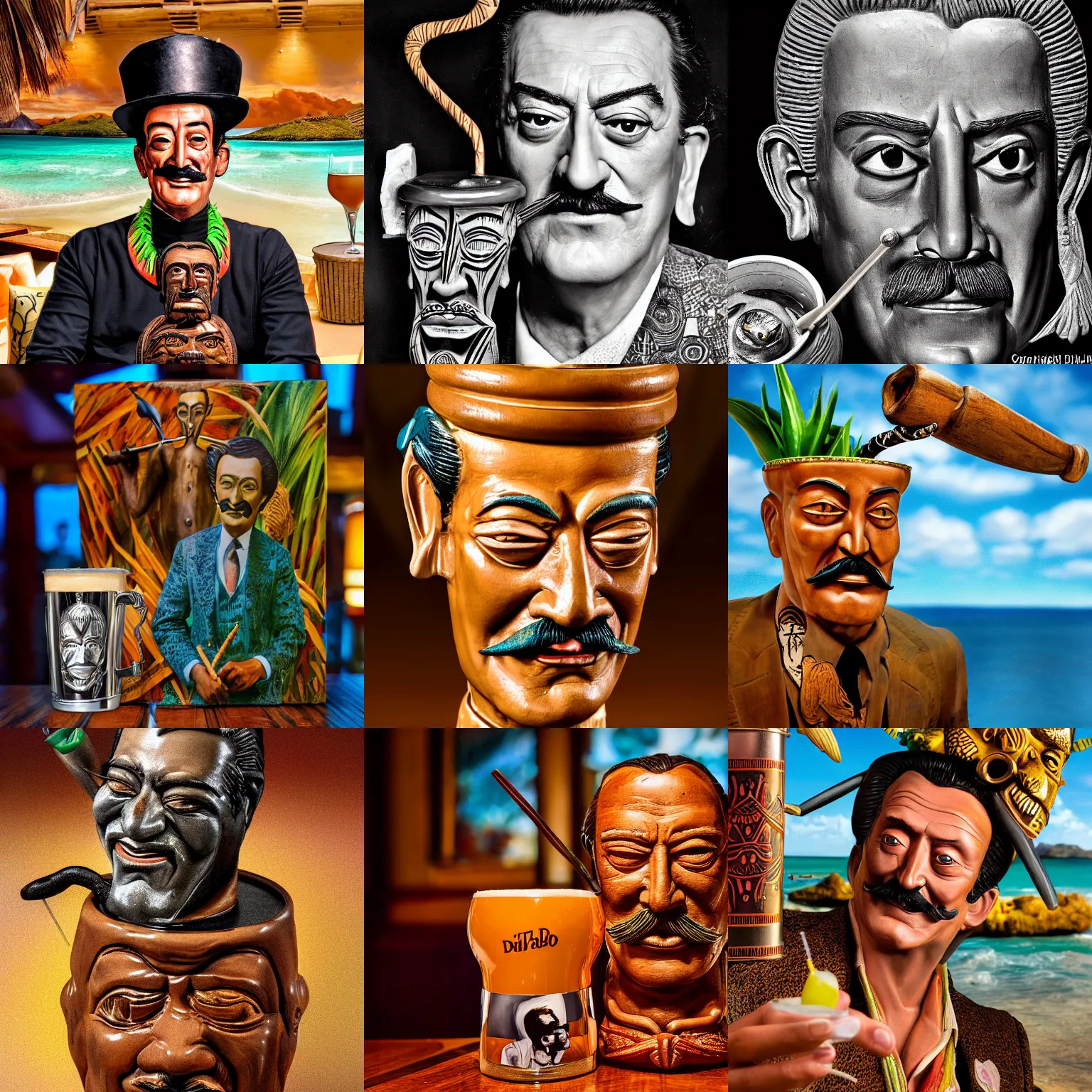 Prompt: a closeup photorealistic photograph of distinguished salvador dali at trader vic's bar sitting next to a trader vic's style tiki mug featuring the face of salvador dali. tiki culture. bright scene. 4 k hd image that's trending on artstation, featured on behance, well rendered, extra crisp, features epic composition and the style of unreal engine.