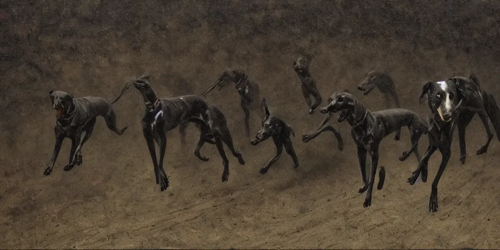 Image similar to black greyhounds running in the night, dark environment, by john charles dollman, nicola samori and andrew wyeth. highly detailed, realistic. dark atmosphere