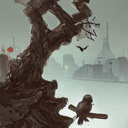 Prompt: a tiny gloomy reaper sitting on a tree log, holding its scythe and watches a little happy bird flying around a extrem destroyed fallout city with extrem radioactive aspects, by aleksandra waliszewska and aoi ogata, dystopian concept horror art