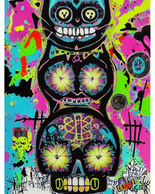 Prompt: day of the dead, cat, monotone pastel smoke, electric shock, a pen & ink, spray art, spatter and collage design, isolated on white rule of thirds, by BAPE and Alex Yanes, Juxtapoz Magazine