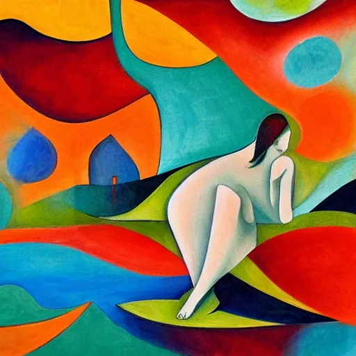 Image similar to woman watches the fast flowing river as it enters the ocean and gathers up the colors and dreams of her community, abstract art in the style of cubism and georgia o keefe,