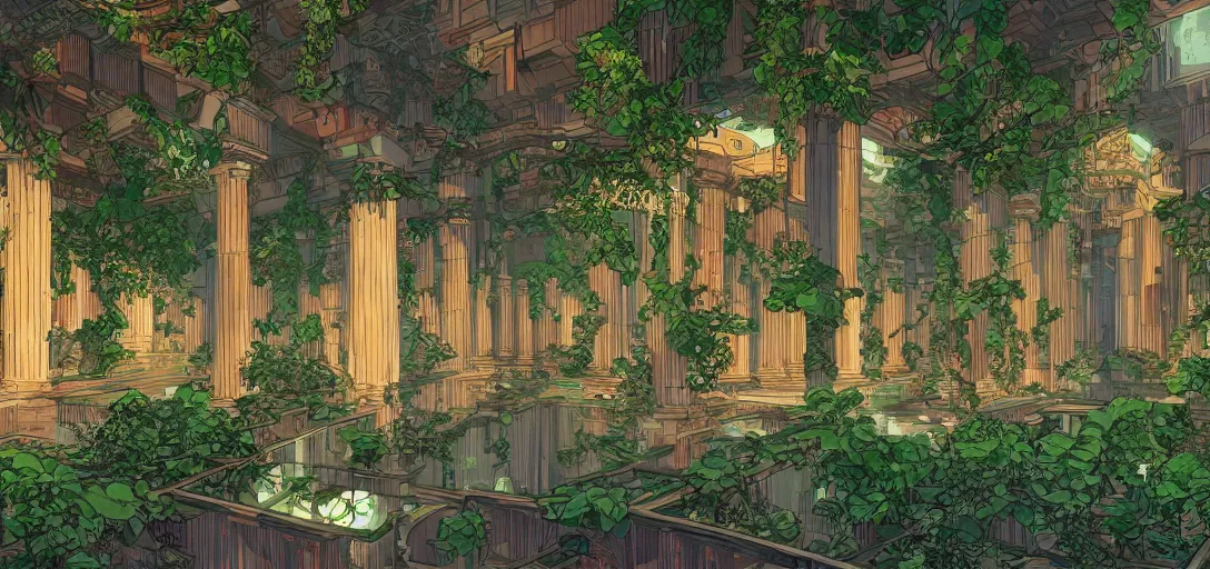 Prompt: Interior of Greek temple with hanging gardens in the graphic style of Patrick Gleason and SANA TAKEDA, detailed art, trending on Artstation, sharp focus, Beautiful comic art