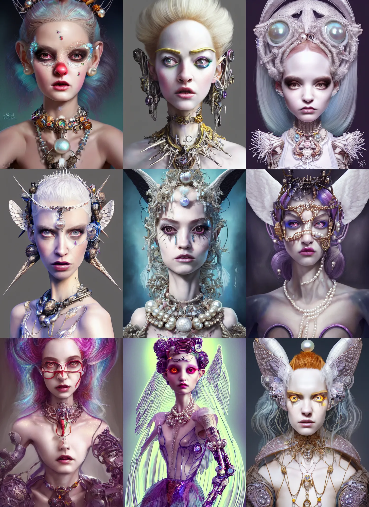 Prompt: pixar weta portrait, beautiful porcelain white honey crystal raver clowncore pearl devil angel young madonna cyborg woman, elaborate jewelry, sci - fi, fantasy, cyberpunk, intricate, elegant, highly detailed, digital painting, ever after high, octane render, artstation, concept art, smooth, sharp focus, illustration, art by artgerm, loish, wlop