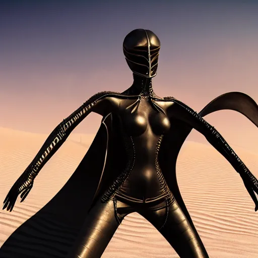 Image similar to evil dune movie inspired avant-garde art, deco fashion, highly detailed, photorealistic portrait, bright studio setting, studio lighting, crisp quality and light reflections, unreal engine 5 quality render