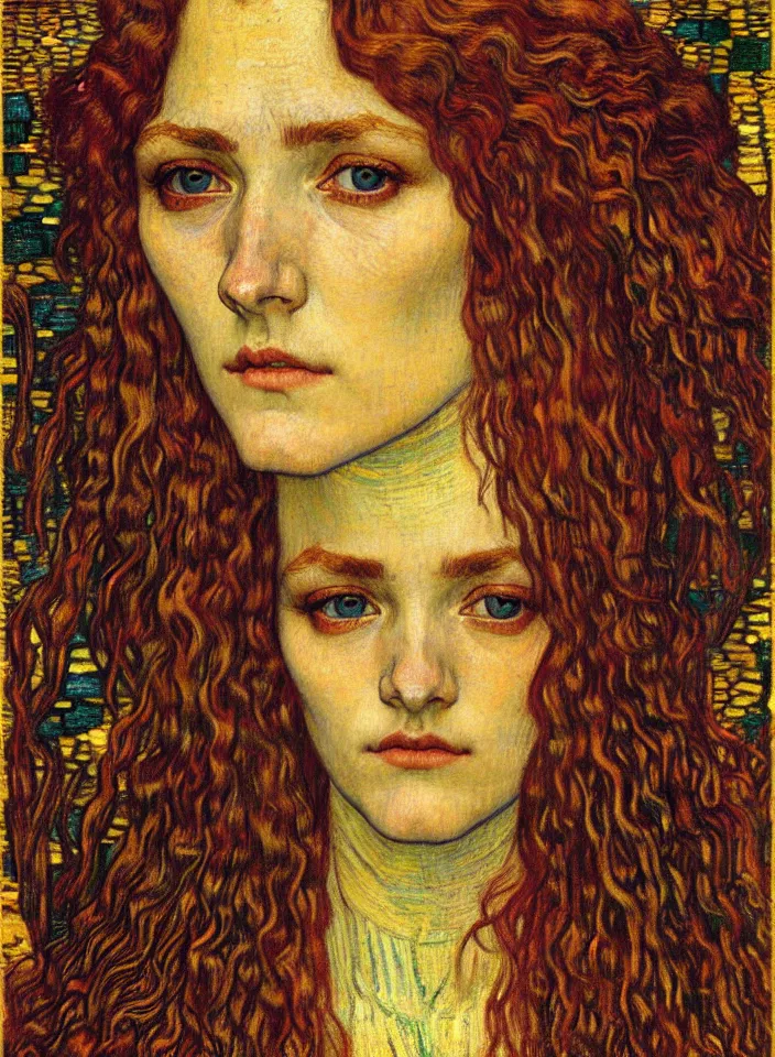 Image similar to detailed realistic beautiful young medieval queen face portrait by jean delville, gustav klimt and vincent van gogh, art nouveau, symbolist, visionary, gothic, pre - raphaelite, muted earthy colors, desaturated