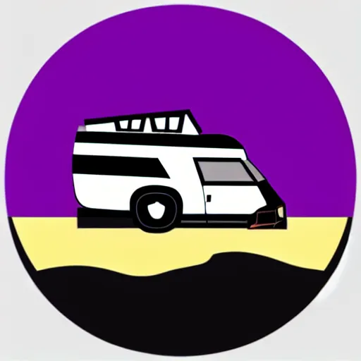 Image similar to a white and black cute thor chateau! motorhome camper!!, highway, colorful mountains and sunset!!, very happy, minimal vector sticker by tom whalen, sanja stikovic