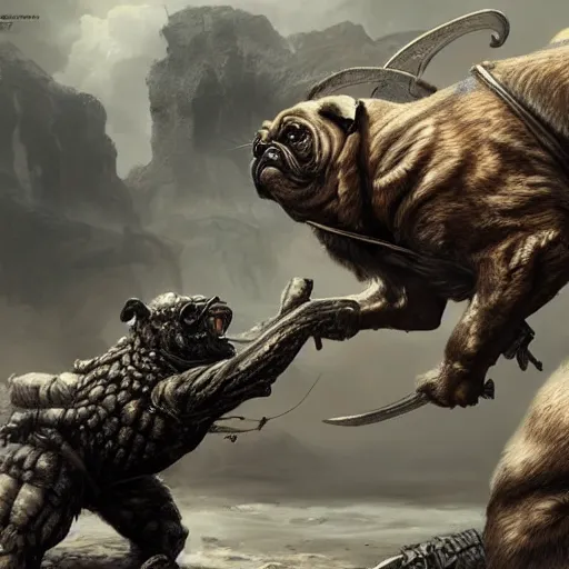 Image similar to pug battle, intricate detail, royo, vallejo, frazetta, giger, whealan, hd, unreal engine,