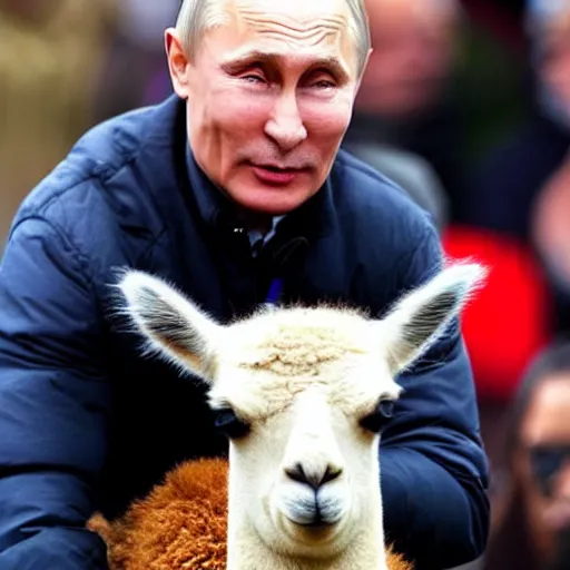 Prompt: vladimir putin riding a cute alpaca, epic shot