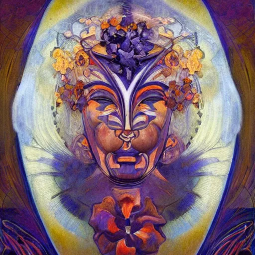 Image similar to masterpiece painting of a facemask made of stylized flowers, by annie swynnerton and jean delville and tino rodriguez and john watkiss, flower mask, art deco shaman, symbolist, dramatic lighting, god rays, elaborate geometric ornament, modern realism, clean crisp graphics, soft cool colors, smooth, sharp focus, extremely detailed