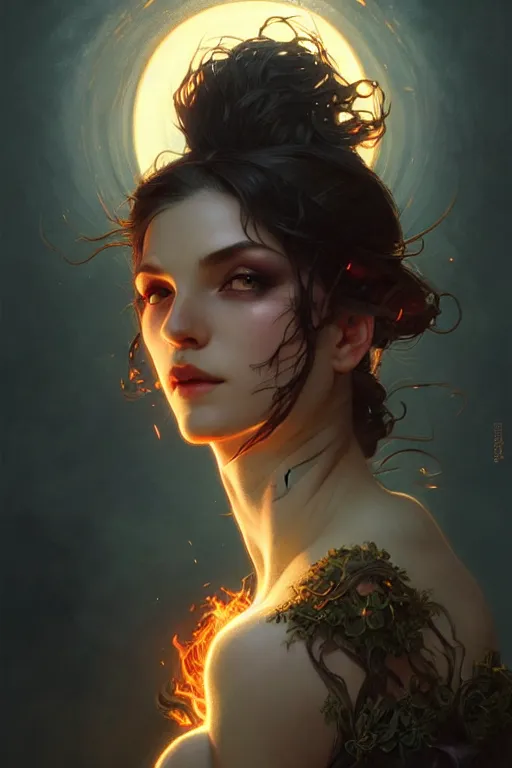 Image similar to a burning witch closeup filled background around face, fantasy magic, undercut hairstyle, dark light night, intricate, elegant, sharp focus, illustration, highly detailed, digital painting, concept art, matte, art by wlop and artgerm and greg rutkowski and alphonse mucha, masterpiece